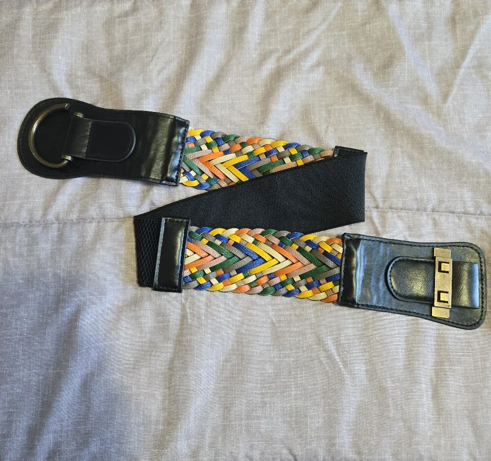 Source Unknown Multicolor Braided Elastic Belt with Black Faux-Leather Center
